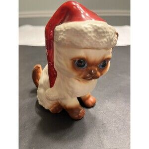 Vtg Norcrest Porcelain Blue Eye Kitty Kitten Cat w Red Santa Hat Figurine